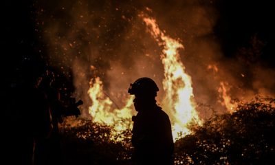 Wildfire Firefighters tackle a forest fire around the village of Eiriz in Baiao north of Portugal on July 15 2022