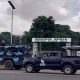 Nigerian Police vehicles used to barricade Abuja stadium on Saturday