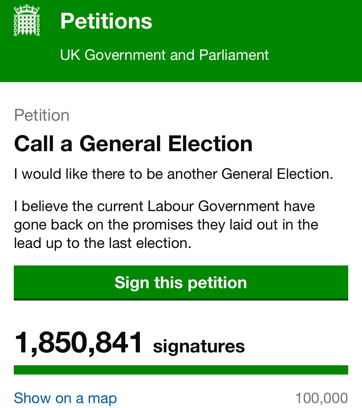 1.8 million British citizens have signed a petition calling for a UK election, amid unhappiness over UK PM Keir Starmers Labour government