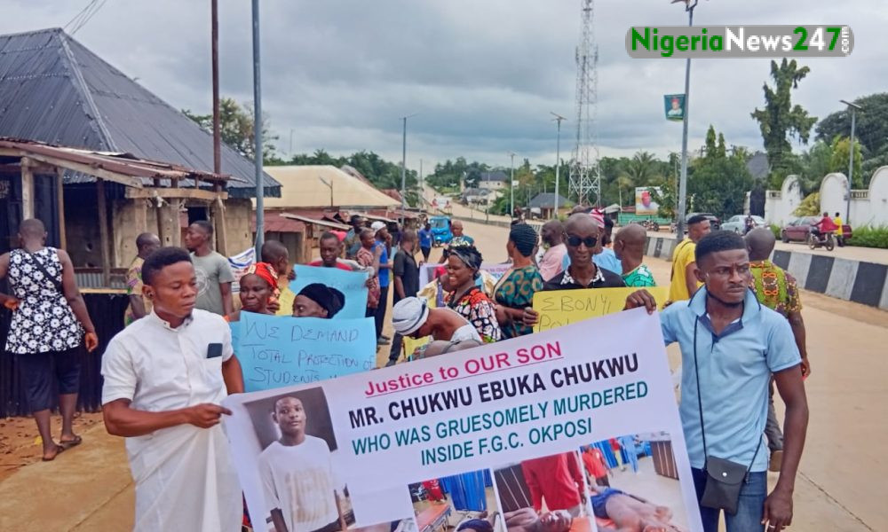 Okposi-Ukwu Community protesting the killing of Master Ebuka Chukwu in FGC Okposi