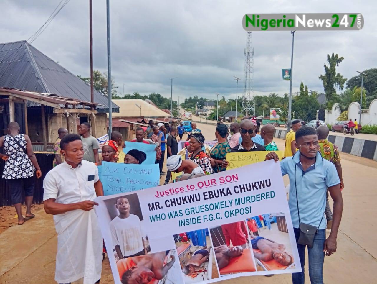 Okposi-Ukwu Community protesting the killing of Master Ebuka Chukwu in FGC Okposi